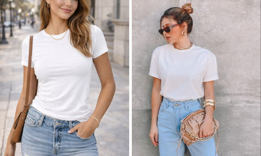10 peças essenciais do luxo silencioso que definem a moda feminina em 2026! 5 mulher com camiseta branca