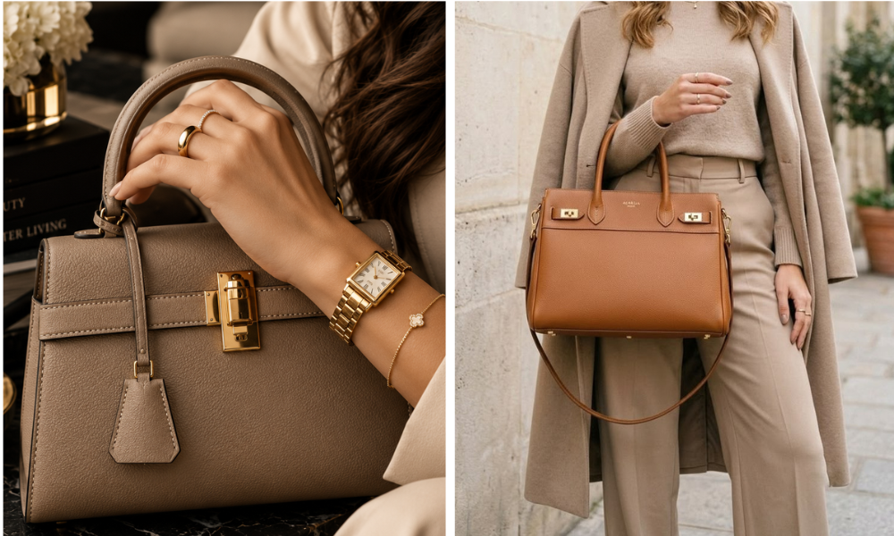 Bolsas de luxo silencioso: 6 modelos elegantes que transformam qualquer look em 2026! 4 mulher com bolsa estruturada