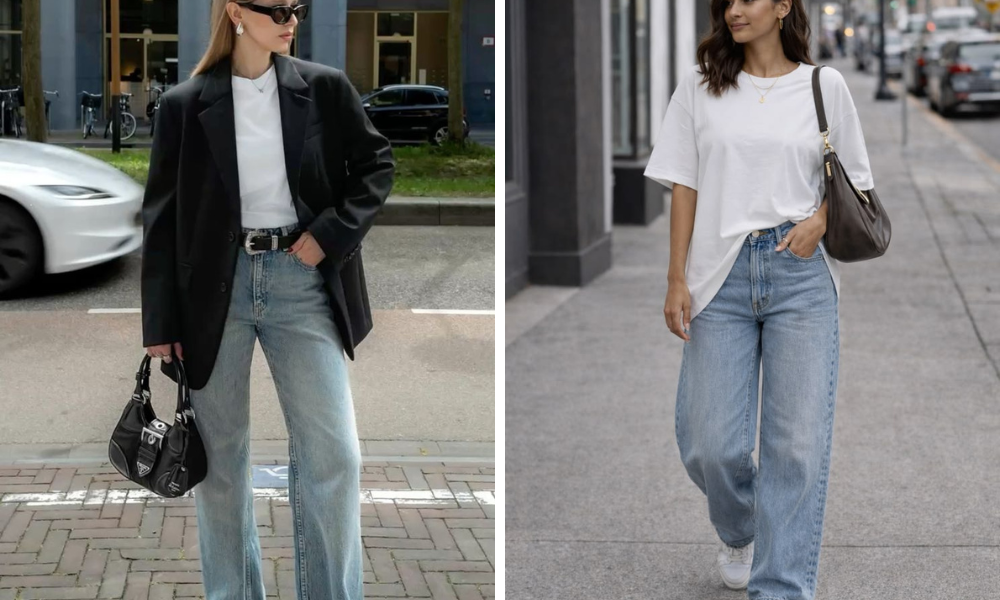 Bolsas de luxo silencioso: 6 modelos elegantes que transformam qualquer look em 2026! 9 mulher com jeans e bolsa baguete